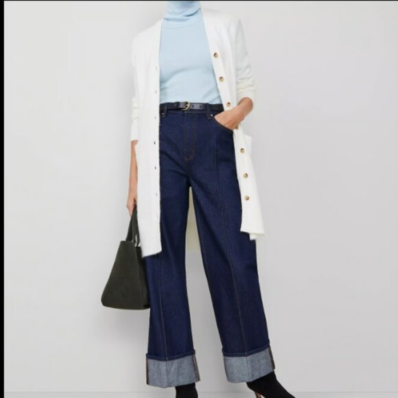 ANN TAYLOR WEEKEND COLLECTION WINTER WHITE BRUSHED LONG V NECK CARDIGAN SWEATER - Picture 1 of 7